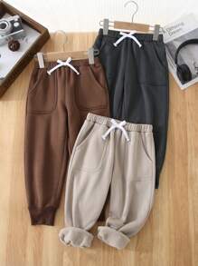 SHEIN Leap Crew 3pcs Young Boy Casual Cute Daily Comfortable Loose Khaki Brown Gray Triplet Drawstring Sweatpants Outfit, Buy 2 Get 1 Free, Suitable For Travel, School, Gatherings, Autumn-Winter - Multicolor - View 3