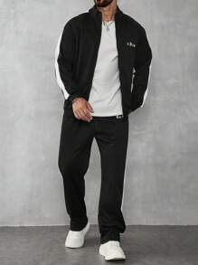 Manfinity Homme Men's Letter Print Zipper Front Sweatshirt And Sweatpants Casual Tracksuit Set, Fall Clothes