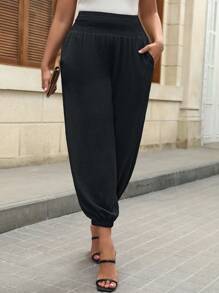 SHEIN LUNE Plus Size Women Solid Color Cinched Waist Pocket Casual Pants