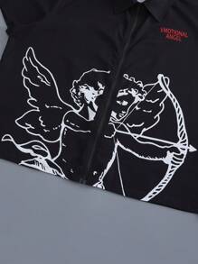 Manfinity LEGND Plus Size Men's Loose Fit Cupid Angel & Letter Print Drop Shoulder Short Sleeve Summer Shirt, Street Wear, Going Out