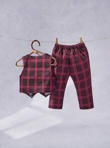 SHEIN 男宝宝格子背心和裤子绅士西装套装 - 酒紅色 - 查看 2