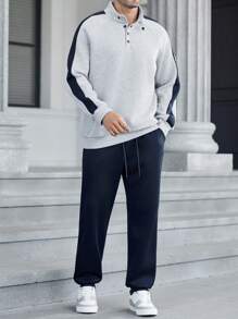 Manfinity RelaxMax Men Casual Color Block Patchwork Sweatshirt & Sweatpants Set, Fall Clothes