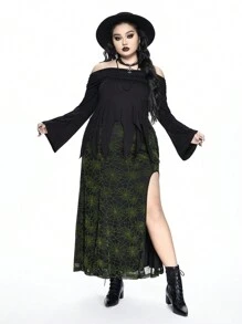 ROMWE Goth 加大码性感高开叉哥特式蜘蛛网植绒 A 字裙 - 黑色 - 查看 2