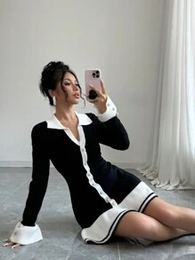 Selianne 女士休闲撞色荷叶边纽扣缀饰针织毛衣连衣裙，秋冬 - 黑與白 - 查看 4