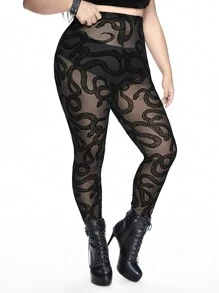 ROMWE Quần legging trong suốt họa tiết da rắn Gothic cỡ lớn - màu đen - Xem 1