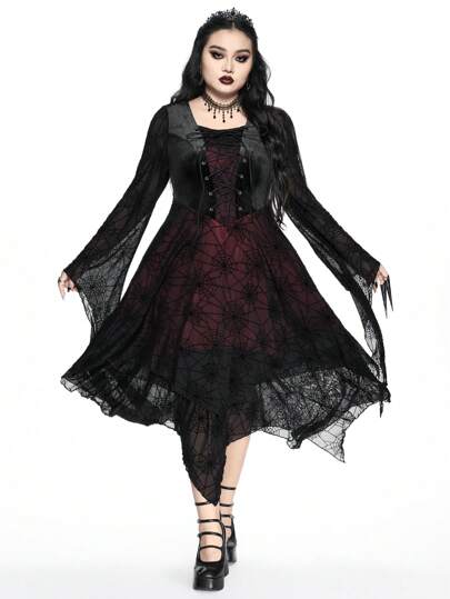 Plus Size Gothic Vampire Spider Web Flocked Flocked Patchwork Bell Sleeve Asymmetric Hem Dress For Halloween