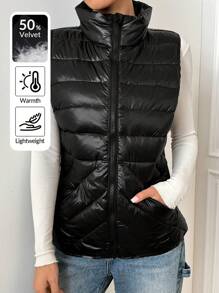 SHEIN EZwear Women's Solid Color Stand Collar Zip-Up Casual Down&Feathers Vest Jacket, Winter