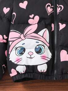 Young Girls' Pink Cat Heart Printed Cartoon Pattern Holographic Zip Up Mock Neck Thermal Padded Coat, Warm And Comfortable Long Sleeve, Great For Casual & Daily Wear & School Daily In Autumn & Winter, For Christmas