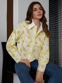 Aveloria Rosie Color Block Shirt, Pointed Collar, Random Sunflower Embroidered, Elegant Design Blouse