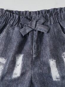 3pcs Tween Girls Fashion Distressed Denim Effect Bowknot Long Pants, Suitable For Spring And Autumn - Multicolor - View 5