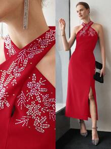 MOTF PREMIUM 水钻细节开叉大腿交叉挂脖连衣裙 - 紅色 - 查看 9