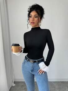 Rafferiza Women's Spring & Autumn Mock Neck Color-Block Bell Sleeve Fitted T-Shirt Fall Cloth For Women - Black - View 4