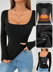 SHEIN PETITE Camiseta de felpa de primavera para mujer de cuello de pico de unicolor - Negro - Ver 2