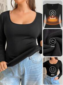 SHEIN EZwear T-shirt à mailles épaisses, doublé thermique, à coupe près du corps et à haute élasticité, pour femmes grandes tailles. Idéal pour l'automne/l'hiver