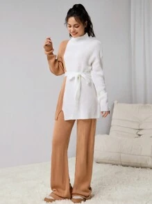 Teen Girl Sweater Suit, Autumn/Winter Fashion New. Khaki & White Contrast Stylish, Long Top And Pants Comfortable To Protect The Body, Soft Fabric For Easy Movement, Belt Shows Curves. Suitable For Various Occasions, Party, Home, Outing, Etc. - Khaki - View 3
