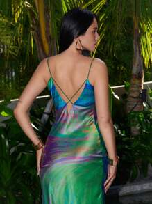 Armand 设计师女士印花细肩带交叉吊带优雅度假绿色连衣裙，适合节日、派对、生日服装、春季、海滩、节日、伊比沙岛装扮、婚礼舞会礼服 - 綠色 - 查看 7