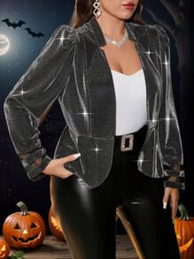 SHEIN Clasi Plus Size Women's Fashionable Simple Elegant Sequin Jacket With Patched Cuffs For Daily Wear,Fall And Winter - Black - View 6