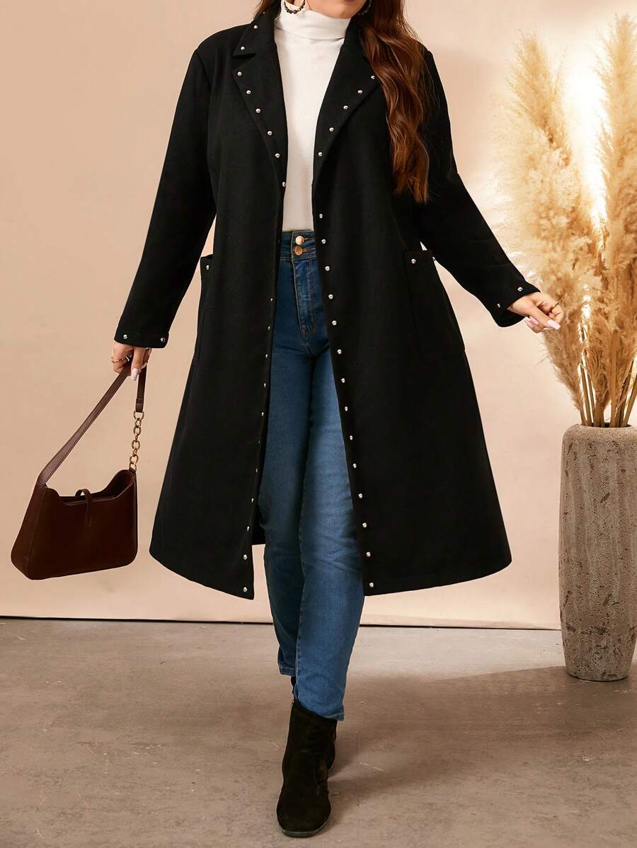 SHEIN LUNE Plus Size Women's Autumn/Winter Embellished Long Sleeve Long Overcoat Fall Cloth For Women - Black - View 1