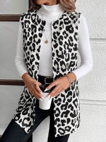 SHEIN LUNE Sleeveless Vintage Leopard Print Knit Cardigan For Women In Fall/Winter - Grey - View 4