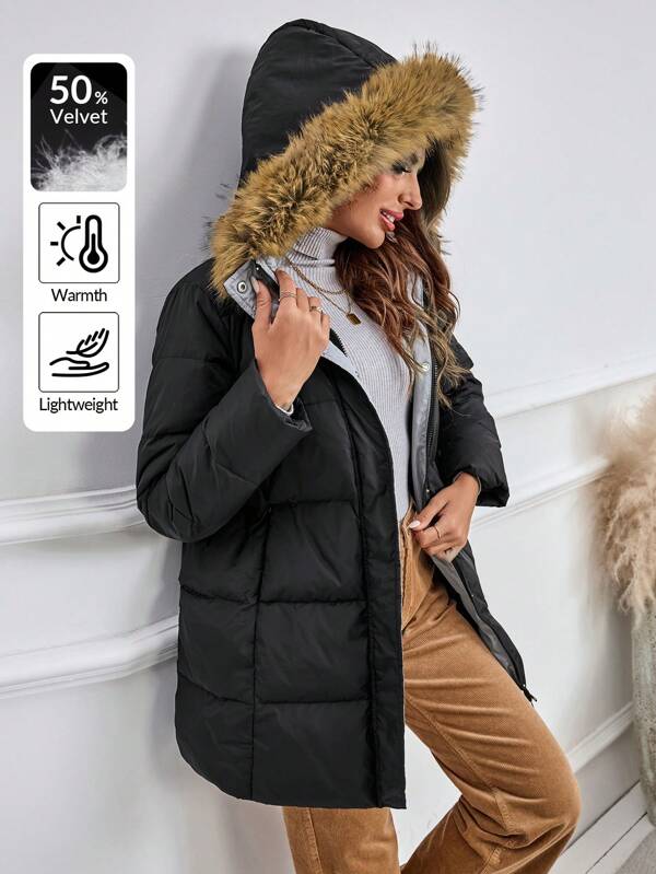 EMERY ROSE Women Clothes Women's Hooded With Fur Collar Solid Color Zip Up Hooded Padded For Winter Down & Feathers Coat