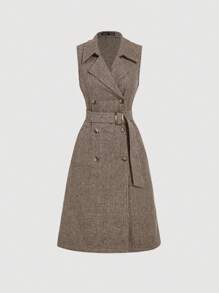 SHEIN MOD Plus Size Women's  Khaki Vintage Houndstooth Minimalist Casual Commuter Women Long Sleeveless Trench Coat, Old Money Style