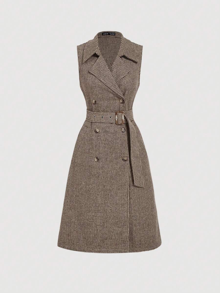 SHEIN MOD Plus Size Women's  Khaki Vintage Houndstooth Minimalist Casual Commuter Women Long Sleeveless Trench Coat, Old Money Style