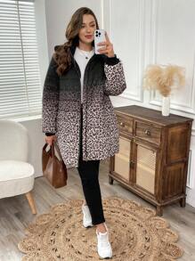 EMERY ROSE 大码女式豹纹长袖连帽休闲长款外套，冬季女装 - 彩色 - 查看 5