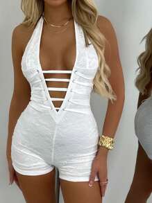 INAWLY Women's Sexy Halter V-Neck Bodycon Jumpsuit - White - View 1
