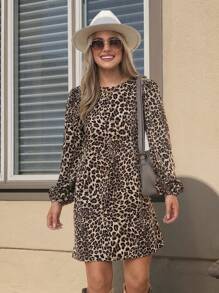 SHEIN LUNE Women's Spring And Summer Leopard Print Lantern Sleeve Loose Straight Dress