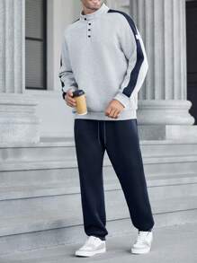 Manfinity RelaxMax Men Casual Color Block Patchwork Sweatshirt & Sweatpants Set, Fall Clothes