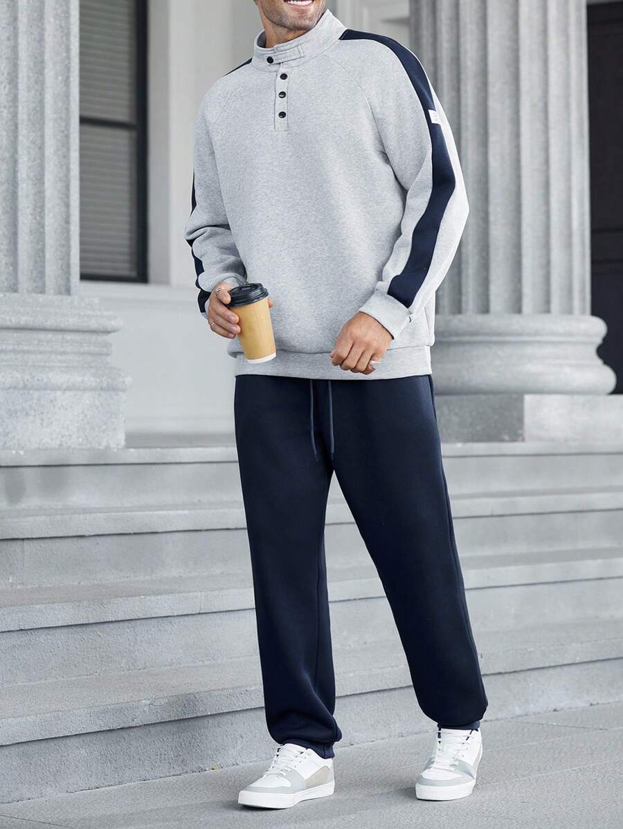 Manfinity RelaxMax Men Casual Color Block Patchwork Sweatshirt & Sweatpants Set, Fall Clothes