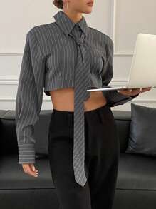 Livesso Striped Long Sleeve Fitted Turndown Collar Tie Short Women Shirt,Fall Clothes,Back To School Clothes - Grey - View 7