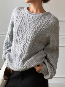 DAZY Plain Loose Long Sleeve Crew Neck Sweater For Women - Grey - View 5