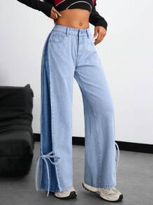 SHEIN EZwear 女式宽松口袋阔腿休闲牛仔裤 - 淺色水洗藍 - 查看 5