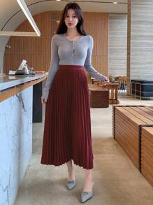DAZY Chân váy chữ A xếp ly màu trơn thanh lịch, váy nữ thu đông - Màu Đỏ Sâu - Xem 5
