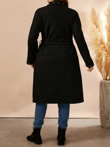 SHEIN LUNE Plus Size Women's Autumn/Winter Embellished Long Sleeve Long Overcoat Fall Cloth For Women - Black - View 2