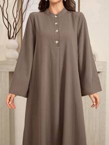 Al Najma 女式休闲纯色长款开叉长袍连衣裙，秋季，朴素长袖休闲束腰阿拉伯连衣裙，适合日常休闲/居家 - 咖啡棕 - 查看 6