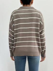 EURMUSE Women's Striped Print Collared Long Sleeve Pullover Sweater - Mocha Brown - View 2