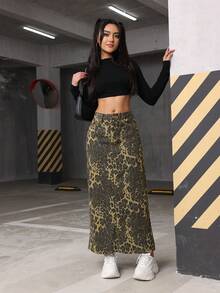 豹纹开叉牛仔半身裙春夏女式宽松直筒A字休闲裙子 - 彩色 - 查看 8