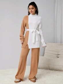 Teen Girl Sweater Suit, Autumn/Winter Fashion New. Khaki & White Contrast Stylish, Long Top And Pants Comfortable To Protect The Body, Soft Fabric For Easy Movement, Belt Shows Curves. Suitable For Various Occasions, Party, Home, Outing, Etc. - Khaki - View 1