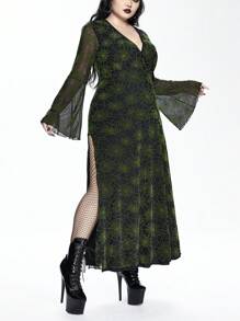 ROMWE Goth 大码女式性感哥特式蜘蛛网绒面喇叭袖 V 领高开衩连衣裙，万圣节服装 - 黑色 - 查看 4