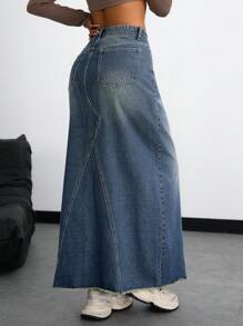 SHEIN ICON 秋季休闲牛仔裙，带毛边 - 藍色 - 查看 2