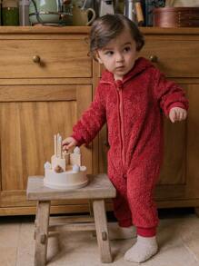 SHEIN Mono con capucha de animal cálido con cremallera y manga larga para bebé niño, para otoño/invierno - Rojo - Ver 7