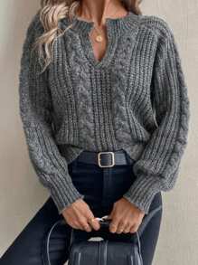 Chiquease 女士休闲缺口领插肩袖粗针织毛衣