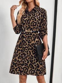 EMERY ROSE 女士豹纹卷袖半扣前开襟衬衫式连衣裙 - 彩色 - 查看 3