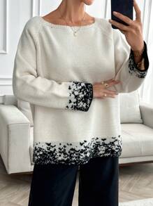 EURMUSE Áo len dày cổ cao họa tiết jacquard cho nữ mùa đông - Màu be - Xem 5