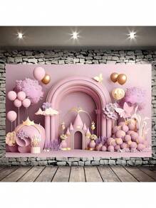 1 pieza Pancarta de decoración de fondo de castillo rosa 210*150cm/150*100cm/100*75cm, pancarta de fondo de fiesta de castillo real con globo de flor para decoración de fiesta de cumpleaños, decoración del hogar de otoño, decoración del hogar de festival - Rosa - Ver 1