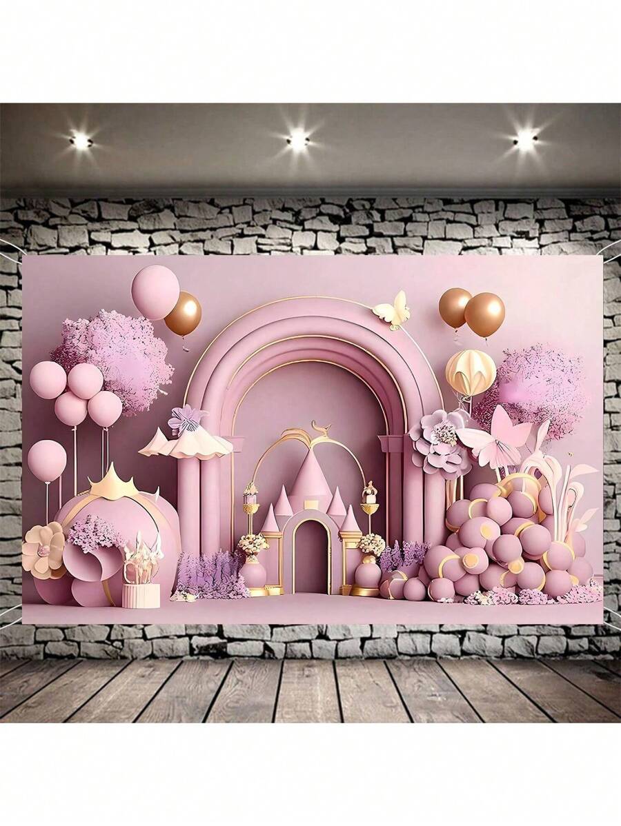 1 pieza Pancarta de decoración de fondo de castillo rosa 210*150cm/150*100cm/100*75cm, pancarta de fondo de fiesta de castillo real con globo de flor para decoración de fiesta de cumpleaños, decoración del hogar de otoño, decoración del hogar de festival - Rosa - Ver 1