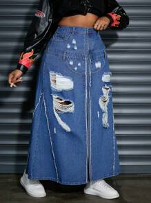 SHEIN EZwear Plus Size Women's Denim Mid-Length Skirt With Pockets And Ripped Hem - Blue - View 6