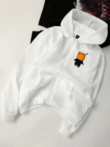 Manfinity Hypemode 宽松版型男士字母与卡通图案拉链保暖内衬连帽衫 - 白色 - 查看 3